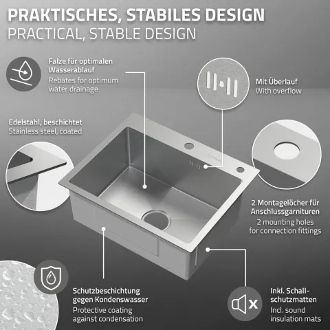 ML-Design Spülbecken Edelstahl 55x45 cm, Küchenspüle Rechteckig, 1 Becken Einbauspüle, Edelstahlspüle mit Ab- und Überlaufgarnitur, Hahnloch & Seifenspender, Einzelbecken mit Siphon, Waschbecken Küche