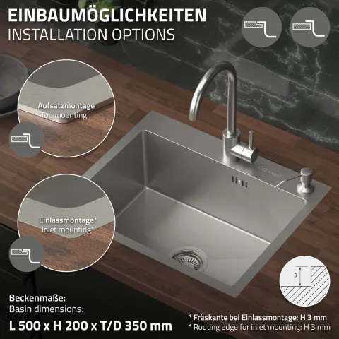 ML-Design Spülbecken Edelstahl 55x45 cm, Küchenspüle Rechteckig, 1 Becken Einbauspüle, Edelstahlspüle mit Ab- und Überlaufgarnitur, Hahnloch & Seifenspender, Einzelbecken mit Siphon, Waschbecken Küche