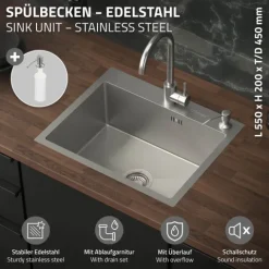 ML-Design Spülbecken Edelstahl 55x45 cm, Küchenspüle Rechteckig, 1 Becken Einbauspüle, Edelstahlspüle mit Ab- und Überlaufgarnitur, Hahnloch & Seifenspender, Einzelbecken mit Siphon, Waschbecken Küche