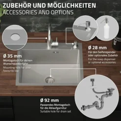 ML-Design Spülbecken Edelstahl 55x45 cm, Küchenspüle Rechteckig, 1 Becken Einbauspüle, Edelstahlspüle mit Ab- und Überlaufgarnitur, Hahnloch & Seifenspender, Einzelbecken mit Siphon, Waschbecken Küche