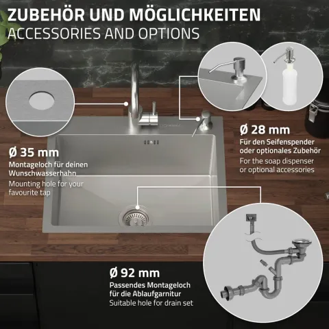 ML-Design Spülbecken Edelstahl 55x45 cm, Küchenspüle Rechteckig, 1 Becken Einbauspüle, Edelstahlspüle mit Ab- und Überlaufgarnitur, Hahnloch & Seifenspender, Einzelbecken mit Siphon, Waschbecken Küche