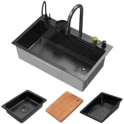 ML-Design Spülbecken Edelstahl 75x46 cm Anthrazit, Multifunktionale Küchenspüle rechteckig, Wasserfall Edelstahlspüle, Einbauspüle mit ausziehbarem Wasserhahn und anderem Zubehör, 1 Becken Waschbecken