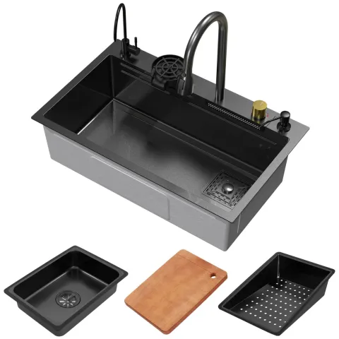 ML-Design Spülbecken Edelstahl 75x46 cm Anthrazit, Multifunktionale Küchenspüle rechteckig, Wasserfall Edelstahlspüle, Einbauspüle mit ausziehbarem Wasserhahn und anderem Zubehör, 1 Becken Waschbecken