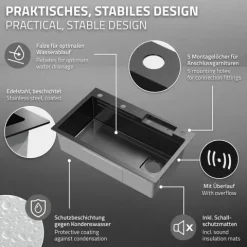 ML-Design Spülbecken Edelstahl 75x46 cm Anthrazit, Multifunktionale Küchenspüle rechteckig, Wasserfall Edelstahlspüle, Einbauspüle mit ausziehbarem Wasserhahn und anderem Zubehör, 1 Becken Waschbecken