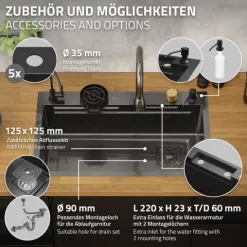 ML-Design Spülbecken Edelstahl 75x46 cm Anthrazit, Multifunktionale Küchenspüle rechteckig, Wasserfall Edelstahlspüle, Einbauspüle mit ausziehbarem Wasserhahn und anderem Zubehör, 1 Becken Waschbecken