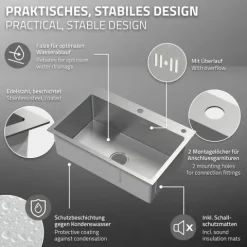 ML-Design Spülbecken Edelstahl 68x45 cm Küchenspüle rechteckig, 1 Becken Einbauspüle, Edelstahlspüle mit Ab- und Überlaufgarnitur, Abtropfkorb, Seifenspender, Waschbecken Küche Einzelbecken mit Siphon