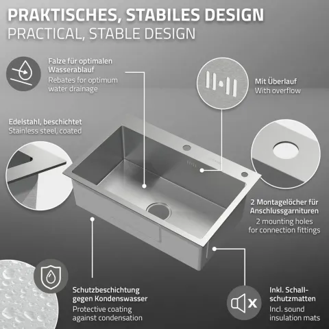ML-Design Spülbecken Edelstahl 68x45 cm Küchenspüle rechteckig, 1 Becken Einbauspüle, Edelstahlspüle mit Ab- und Überlaufgarnitur, Abtropfkorb, Seifenspender, Waschbecken Küche Einzelbecken mit Siphon