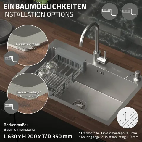 ML-Design Spülbecken Edelstahl 68x45 cm Küchenspüle rechteckig, 1 Becken Einbauspüle, Edelstahlspüle mit Ab- und Überlaufgarnitur, Abtropfkorb, Seifenspender, Waschbecken Küche Einzelbecken mit Siphon