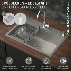 ML-Design Spülbecken Edelstahl 68x45 cm Küchenspüle rechteckig, 1 Becken Einbauspüle, Edelstahlspüle mit Ab- und Überlaufgarnitur, Abtropfkorb, Seifenspender, Waschbecken Küche Einzelbecken mit Siphon