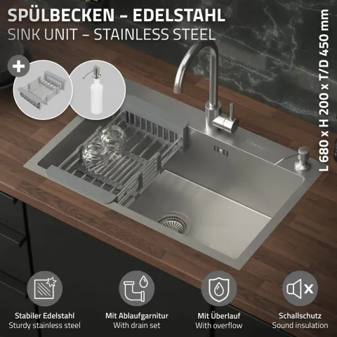 ML-Design Spülbecken Edelstahl 68x45 cm Küchenspüle rechteckig, 1 Becken Einbauspüle, Edelstahlspüle mit Ab- und Überlaufgarnitur, Abtropfkorb, Seifenspender, Waschbecken Küche Einzelbecken mit Siphon