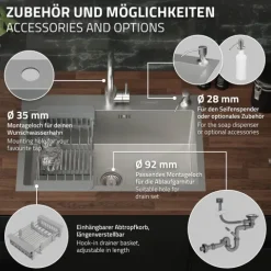 ML-Design Spülbecken Edelstahl 68x45 cm Küchenspüle rechteckig, 1 Becken Einbauspüle, Edelstahlspüle mit Ab- und Überlaufgarnitur, Abtropfkorb, Seifenspender, Waschbecken Küche Einzelbecken mit Siphon