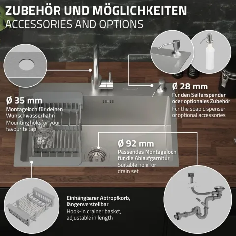ML-Design Spülbecken Edelstahl 68x45 cm Küchenspüle rechteckig, 1 Becken Einbauspüle, Edelstahlspüle mit Ab- und Überlaufgarnitur, Abtropfkorb, Seifenspender, Waschbecken Küche Einzelbecken mit Siphon