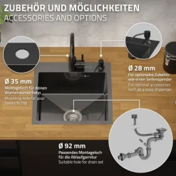 ML-Design Spülbecken Edelstahl 45x45 cm Anthrazit, Küchenspüle eckig, 1 Becken klein, Einbauspüle mit 2 Löchern, Edelstahlspüle mit Ab- und Überlaufgarnitur, Einzelbecken mit Siphon, Waschbecken Küche