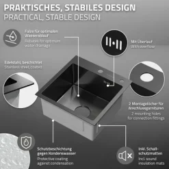 ML-Design Spülbecken Edelstahl 45x45 cm Anthrazit, Küchenspüle eckig, 1 Becken klein, Einbauspüle mit 2 Löchern, Edelstahlspüle mit Ab- und Überlaufgarnitur, Einzelbecken mit Siphon, Waschbecken Küche