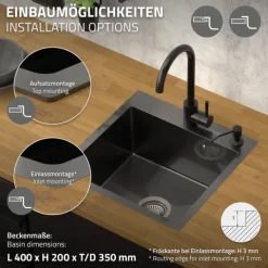 ML-Design Spülbecken Edelstahl 45x45 cm Anthrazit, Küchenspüle eckig, 1 Becken klein, Einbauspüle mit 2 Löchern, Edelstahlspüle mit Ab- und Überlaufgarnitur, Einzelbecken mit Siphon, Waschbecken Küche
