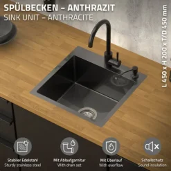 ML-Design Spülbecken Edelstahl 45x45 cm Anthrazit, Küchenspüle eckig, 1 Becken klein, Einbauspüle mit 2 Löchern, Edelstahlspüle mit Ab- und Überlaufgarnitur, Einzelbecken mit Siphon, Waschbecken Küche