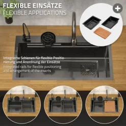 ML-Design Spülbecken Edelstahl 80x46 cm Anthrazit, Multifunktionale Küchenspüle rechteckig, Wasserfall Edelstahlspüle, Einbauspüle mit ausziehbarem Wasserhahn und anderem Zubehör, 1 Becken Waschbecken