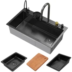 ML-Design Spülbecken Edelstahl 80x46 cm Anthrazit, Multifunktionale Küchenspüle rechteckig, Wasserfall Edelstahlspüle, Einbauspüle mit ausziehbarem Wasserhahn und anderem Zubehör, 1 Becken Waschbecken