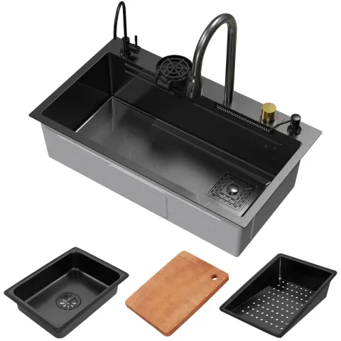 ML-Design Spülbecken Edelstahl 80x46 cm Anthrazit, Multifunktionale Küchenspüle rechteckig, Wasserfall Edelstahlspüle, Einbauspüle mit ausziehbarem Wasserhahn und anderem Zubehör, 1 Becken Waschbecken