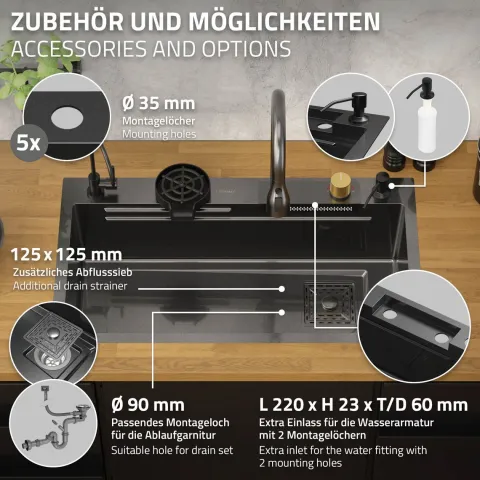 ML-Design Spülbecken Edelstahl 80x46 cm Anthrazit, Multifunktionale Küchenspüle rechteckig, Wasserfall Edelstahlspüle, Einbauspüle mit ausziehbarem Wasserhahn und anderem Zubehör, 1 Becken Waschbecken