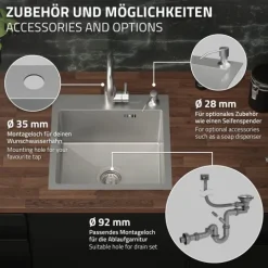 ML-Design Spülbecken Edelstahl 45x45 cm, Küchenspüle eckig, 1 Becken klein, Einbauspüle mit 2 Löchern, Edelstahlspüle mit Ab- und Überlaufgarnitur, Einzelbecken mit Siphon, Waschbecken Küche, Spüle
