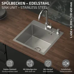 ML-Design Spülbecken Edelstahl 45x45 cm, Küchenspüle eckig, 1 Becken klein, Einbauspüle mit 2 Löchern, Edelstahlspüle mit Ab- und Überlaufgarnitur, Einzelbecken mit Siphon, Waschbecken Küche, Spüle