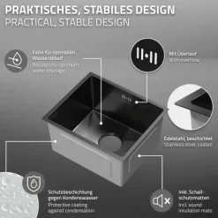 ML-Design Spülbecken Edelstahl 34x40 cm Anthrazit, Küchenspüle eckig, 1 Becken, Einbauspüle Unterbauspüle, Edelstahlspüle mit Ab- und Überlaufgarnitur, Einzelbecken mit Siphon, Waschbecken Küche Spüle