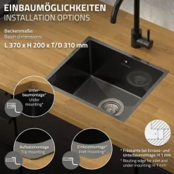 ML-Design Spülbecken Edelstahl 34x40 cm Anthrazit, Küchenspüle eckig, 1 Becken, Einbauspüle Unterbauspüle, Edelstahlspüle mit Ab- und Überlaufgarnitur, Einzelbecken mit Siphon, Waschbecken Küche Spüle
