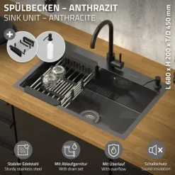 ML-Design Spülbecken Edelstahl 68x45 cm Anthrazit, Küchenspüle 1 Becken Einbauspüle, Edelstahlspüle mit Ab- und Überlaufgarnitur, Abtropfkorb, Seifenspender, Einzelbecken mit Siphon, Waschbecken Küche