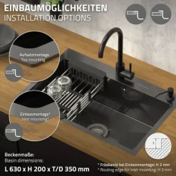 ML-Design Spülbecken Edelstahl 68x45 cm Anthrazit, Küchenspüle 1 Becken Einbauspüle, Edelstahlspüle mit Ab- und Überlaufgarnitur, Abtropfkorb, Seifenspender, Einzelbecken mit Siphon, Waschbecken Küche