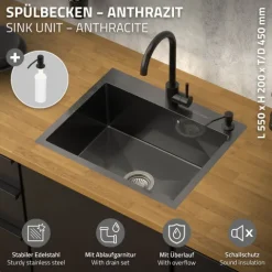 ML-Design Spülbecken Edelstahl 55x45 cm Anthrazit, Küchenspüle Rechteckig, 1 Becken Einbauspüle, Edelstahlspüle mit Ab- und Überlaufgarnitur & Seifenspender, Einzelbecken mit Siphon, Waschbecken Küche