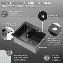 ML-Design Spülbecken Edelstahl 55x45 cm Anthrazit, Küchenspüle Rechteckig, 1 Becken Einbauspüle, Edelstahlspüle mit Ab- und Überlaufgarnitur & Seifenspender, Einzelbecken mit Siphon, Waschbecken Küche