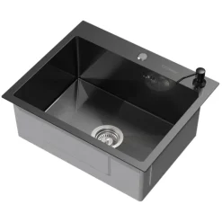 ML-Design Spülbecken Edelstahl 55x45 cm Anthrazit, Küchenspüle Rechteckig, 1 Becken Einbauspüle, Edelstahlspüle mit Ab- und Überlaufgarnitur & Seifenspender, Einzelbecken mit Siphon, Waschbecken Küche