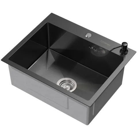 ML-Design Spülbecken Edelstahl 55x45 cm Anthrazit, Küchenspüle Rechteckig, 1 Becken Einbauspüle, Edelstahlspüle mit Ab- und Überlaufgarnitur & Seifenspender, Einzelbecken mit Siphon, Waschbecken Küche