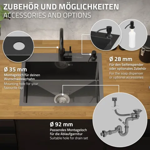 ML-Design Spülbecken Edelstahl 55x45 cm Anthrazit, Küchenspüle Rechteckig, 1 Becken Einbauspüle, Edelstahlspüle mit Ab- und Überlaufgarnitur & Seifenspender, Einzelbecken mit Siphon, Waschbecken Küche