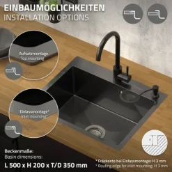 ML-Design Spülbecken Edelstahl 55x45 cm Anthrazit, Küchenspüle Rechteckig, 1 Becken Einbauspüle, Edelstahlspüle mit Ab- und Überlaufgarnitur & Seifenspender, Einzelbecken mit Siphon, Waschbecken Küche