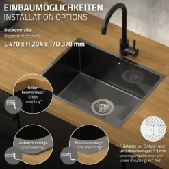 ML-Design Spülbecken Edelstahl 50x40 cm Anthrazit, Küchenspüle eckig, 1 Becken, Einbauspüle Unterbauspüle, Edelstahlspüle mit Ab- und Überlaufgarnitur, Einzelbecken mit Siphon, Waschbecken Küche Spüle