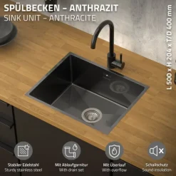ML-Design Spülbecken Edelstahl 50x40 cm Anthrazit, Küchenspüle eckig, 1 Becken, Einbauspüle Unterbauspüle, Edelstahlspüle mit Ab- und Überlaufgarnitur, Einzelbecken mit Siphon, Waschbecken Küche Spüle