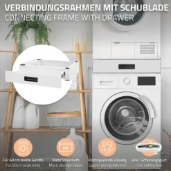 ML-Design Verbindungsrahmen für Waschmaschine und Trockner mit ausziehbarer Schublade, aus Stahl, 60,5x54cm, Weiß, rutschfest, Zwischenbausatz Universal Zwischenrahmen Zwischenbaurahmen Trocknersäule
