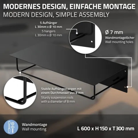 ML-Design Wandgarderobe mit Hakenleiste, Kleiderstange & Hutablage, 60x30x15 cm, Schwarz, Metall Flurgarderobe für Jacken & Mäntel, Garderobe, Wandmontage, Garderobenpaneel hängend für Eingang & Flur