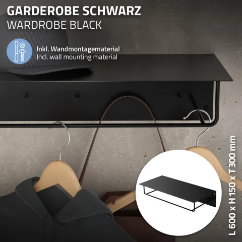 ML-Design Wandgarderobe mit Hakenleiste, Kleiderstange & Hutablage, 60x30x15 cm, Schwarz, Metall Flurgarderobe für Jacken & Mäntel, Garderobe, Wandmontage, Garderobenpaneel hängend für Eingang & Flur