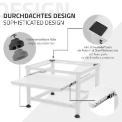 ML-Design Waschmaschinen-Untergestell mit ausziehbarer Ablage, Weiß, 62,5x53,5x45 cm, aus Stahl, bis 150kg, höhenverstellbaren Füße, Waschmaschinensockel Trocknersockel Podest Unterschrank Erhöhung