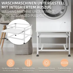 ML-Design Waschmaschinen-Untergestell mit ausziehbarer Ablage, Weiß, 62,5x53,5x45 cm, aus Stahl, bis 150kg, höhenverstellbaren Füße, Waschmaschinensockel Trocknersockel Podest Unterschrank Erhöhung