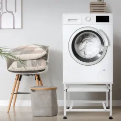 ML-Design Waschmaschinen-Untergestell mit ausziehbarer Ablage, Weiß, 62,5x53,5x45 cm, aus Stahl, bis 150kg, höhenverstellbaren Füße, Waschmaschinensockel Trocknersockel Podest Unterschrank Erhöhung