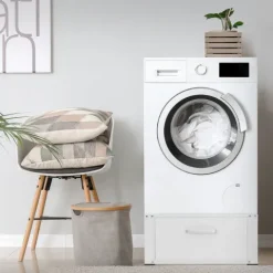 ML-Design Waschmaschinen Untergestell mit Schublade 63x54cm Stahl Weiß bis 150kg, Waschmaschinen-Unterschrank, Stabiler Waschmaschinensockel, H=31,5cm Podest Erhöhung Unterbau für Trockner/Kühlschrank
