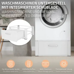 ML-Design Waschmaschinen Untergestell mit Schublade 63x54cm Stahl Weiß bis 150kg, Waschmaschinen-Unterschrank, Stabiler Waschmaschinensockel, H=31,5cm Podest Erhöhung Unterbau für Trockner/Kühlschrank