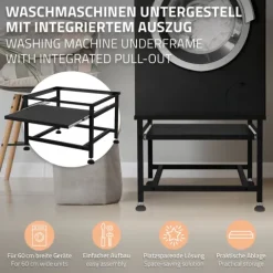 ML-Design Waschmaschinen-Untergestell mit ausziehbarer Ablage, Schwarz, 62,5x53,5x45 cm, aus Stahl, bis 150kg, höhenverstellbaren Füße, Waschmaschinensockel Trocknersockel Podest Unterschrank Erhöhung