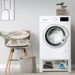 ML-Design Waschmaschinen Untergestell mit Ablage 63x54 cm Stahl Weiß bis 150kg, Waschmaschinen-Unterschrank, Stabiler Waschmaschinensockel, 32cm hohes Podest Erhöhung Unterbau für Trockner/Kühlschrank