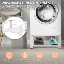 ML-Design Waschmaschinen Untergestell mit Ablage 63x54 cm Stahl Weiß bis 150kg, Waschmaschinen-Unterschrank, Stabiler Waschmaschinensockel, 32cm hohes Podest Erhöhung Unterbau für Trockner/Kühlschrank