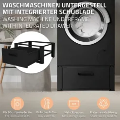 ML-Design Waschmaschinen Untergestell mit Schublade 63x54cm Stahl Schwarz bis 150kg, Waschmaschinen-Unterschrank, Stabiler Waschmaschinensockel, H=31,5cm Podest Erhöhung Unterbau Trockner/Kühlschrank